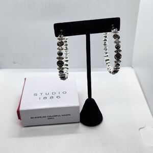 NIB Studio 1886 Bejewled Colorful 2" Hoop Earrings Grey Fashion Jewelry
